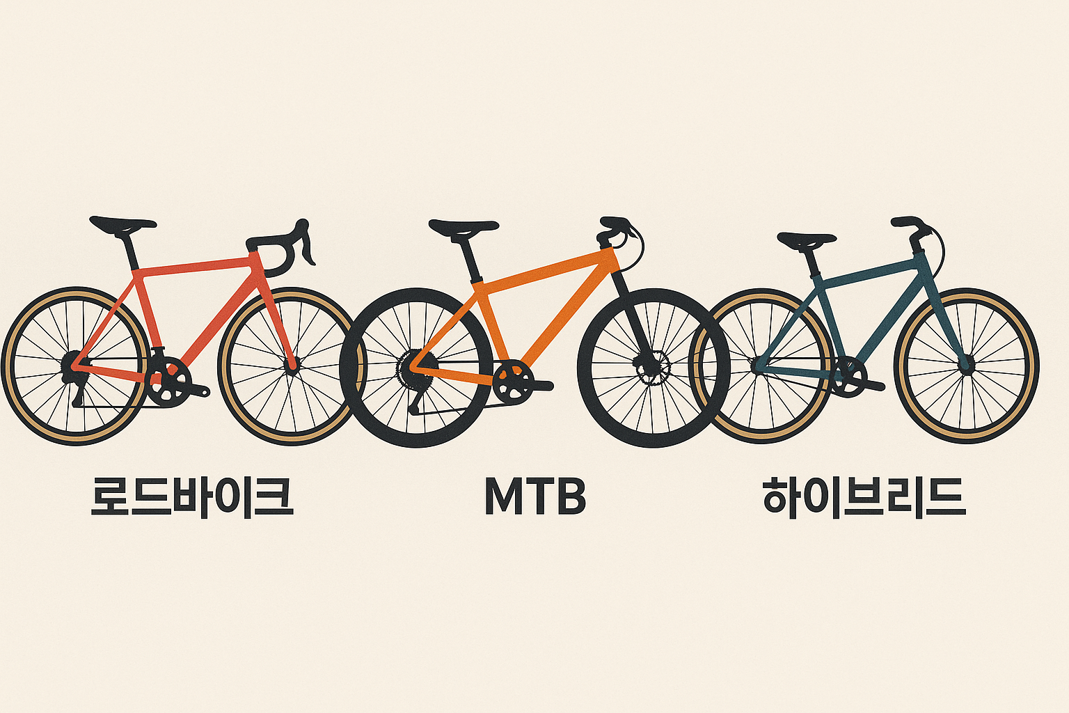 로드바이크, MTB, 하이브리드 자전거 비교 이미지